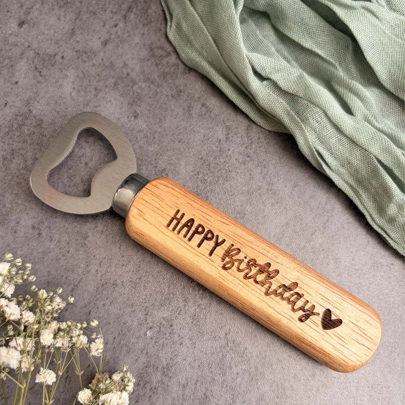 Flaschenöffner "Happy Birthday" – Geburtstagsgeschenk aus Holz und Edelstahl