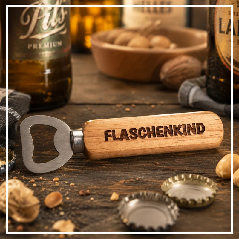 Flaschenöffner "Flaschenkind" aus Holz und Edelstahl
