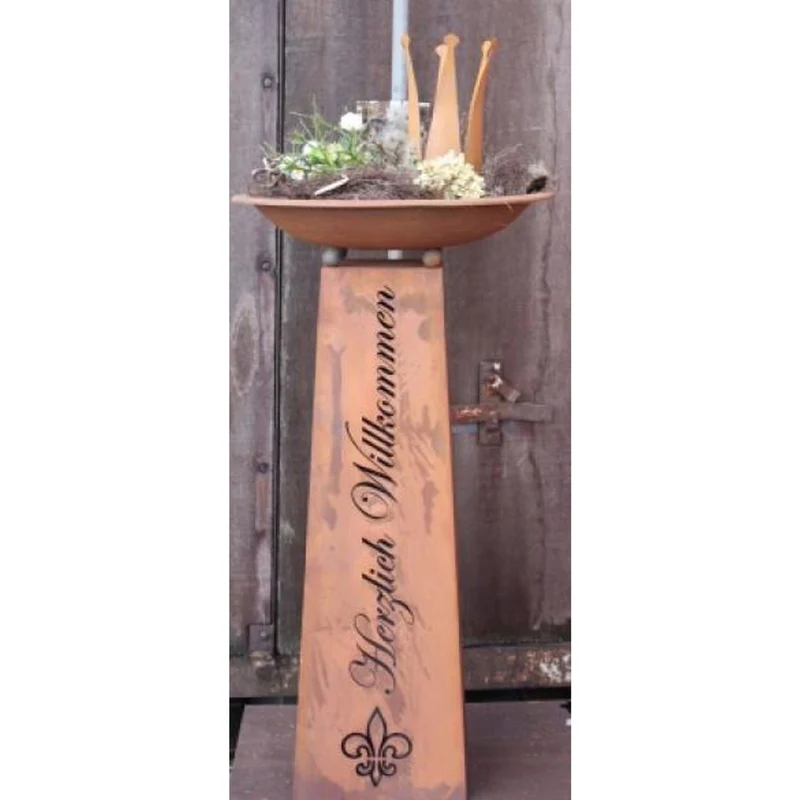Metall Dekosäule "Herzlich Willkommen" mit verschiedenen Blumenschalen | Wohn- und Gartendeko Vintage