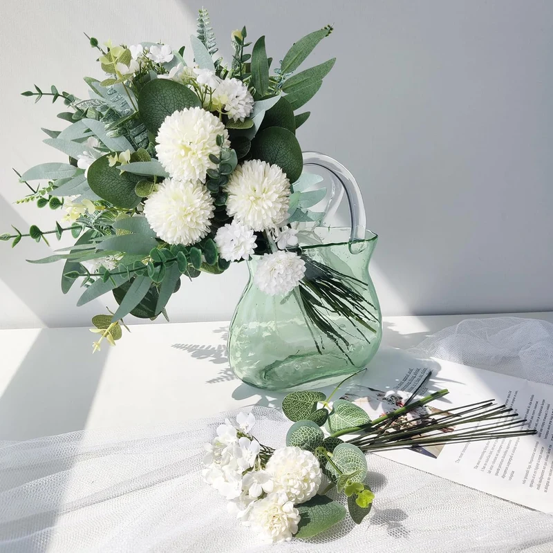 55 Stück Künstliche Zweige & Kunstblumen, Weiß Blumen Blätter Künstlich Dekozweige, Kunst Blumen Kunstblumenstrauss Eukalyptus Hortensien für DIY Blumenstrauß Brautstrauß Hochzeit