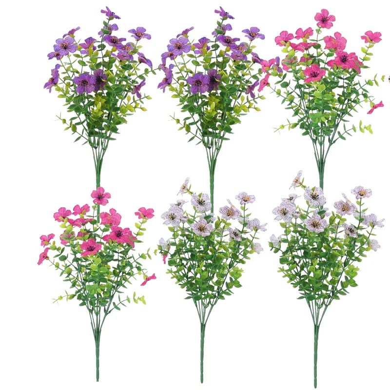 35cm 6 Bündel künstliche Blumen in drei Farben (Lila / Rosa / Weiß): Außengeeignet, wasser- und sonnenbeständig, realistisch und langlebig, geeignet für Balkon, Garten und Innenraumdekoration, wartungsfrei und einfach zu pflegen