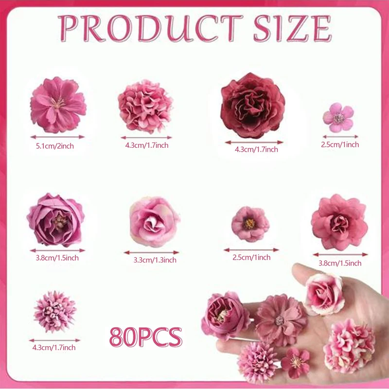 80 Stück Kunstblumen Zum Basteln, 2.5cm~5cm Blumen Deko Kunstblumen Blumenköpfe Können für Haarschmuck, Kleidung