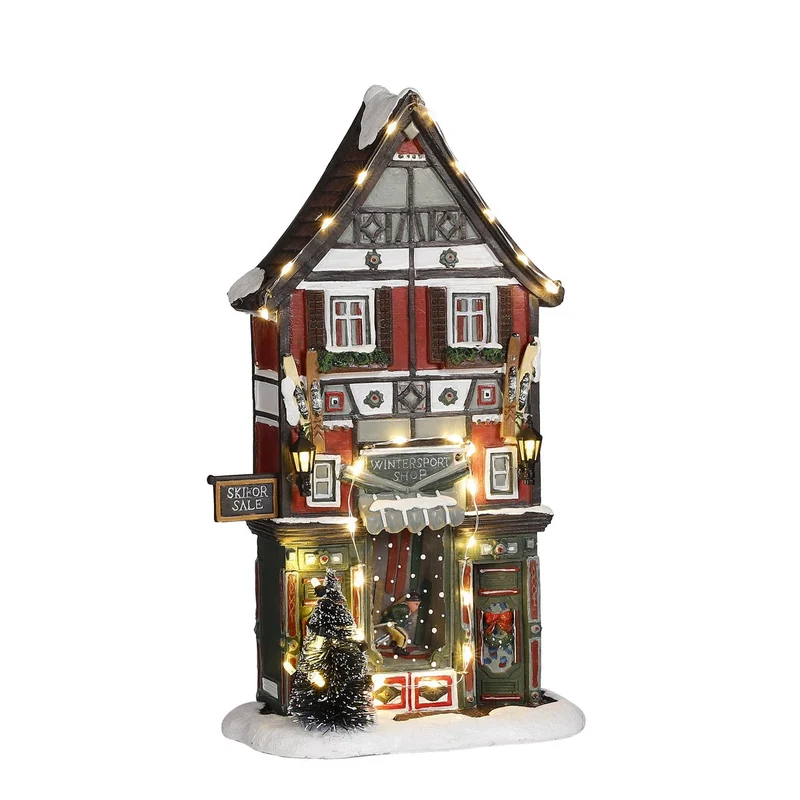 Weihnachtsdorf Miniatur-Wintersportgeschäft – L18 x B8 x H28 cm