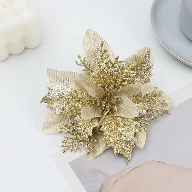 6 Stück 14 cm Weihnachtsdekoration: Glitzer & Poinsettienblüten – Ideal für Weihnachtsfestdekoration