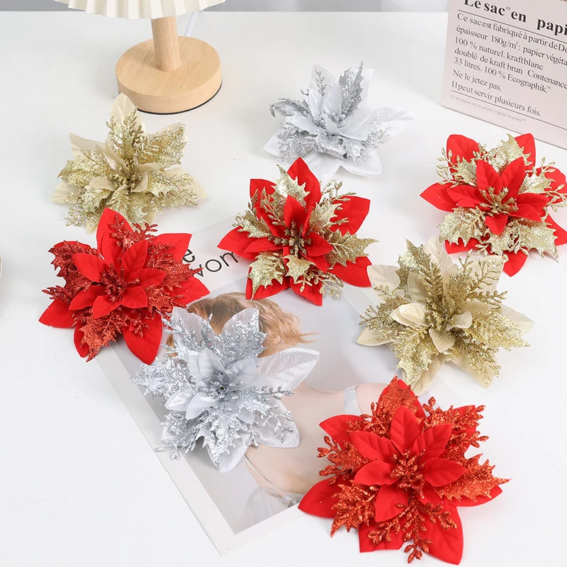 6 Stück 14 cm Weihnachtsdekoration: Glitzer & Poinsettienblüten – Ideal für Weihnachtsfestdekoration