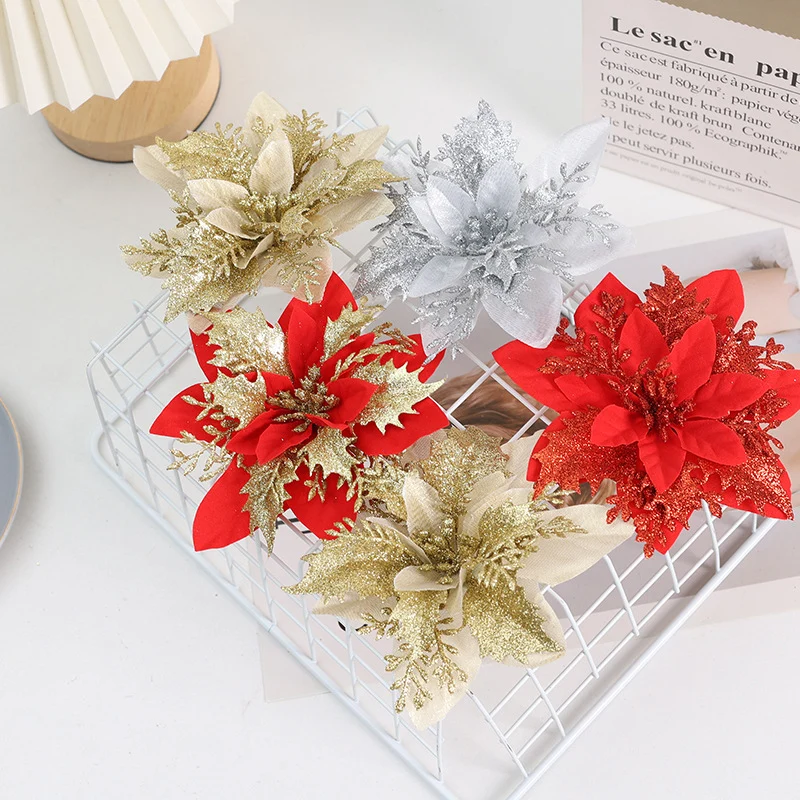 6 Stück 14 cm Weihnachtsdekoration: Glitzer & Poinsettienblüten – Ideal für Weihnachtsfestdekoration
