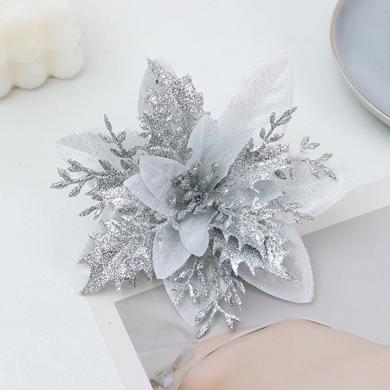 6 Stück 14 cm Weihnachtsdekoration: Glitzer & Poinsettienblüten – Ideal für Weihnachtsfestdekoration