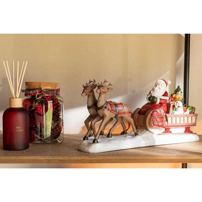 Dekofigur Weihnachtsmann im Schlitten mit Rentieren, Polyresin