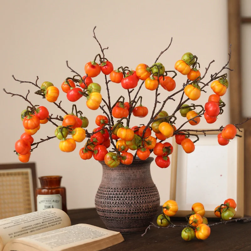 52 cm Künstliche Geld-Glücksbeeren & Mini-Kürbis Zweige - Herbstdeko für Tisch, Türkranz und Zuhause
