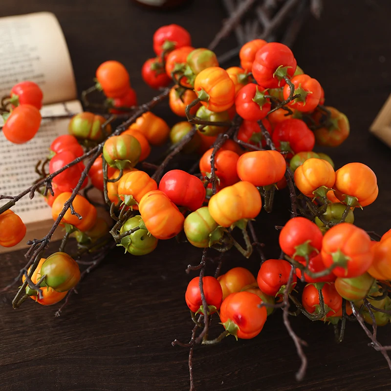 52 cm Künstliche Geld-Glücksbeeren & Mini-Kürbis Zweige - Herbstdeko für Tisch, Türkranz und Zuhause