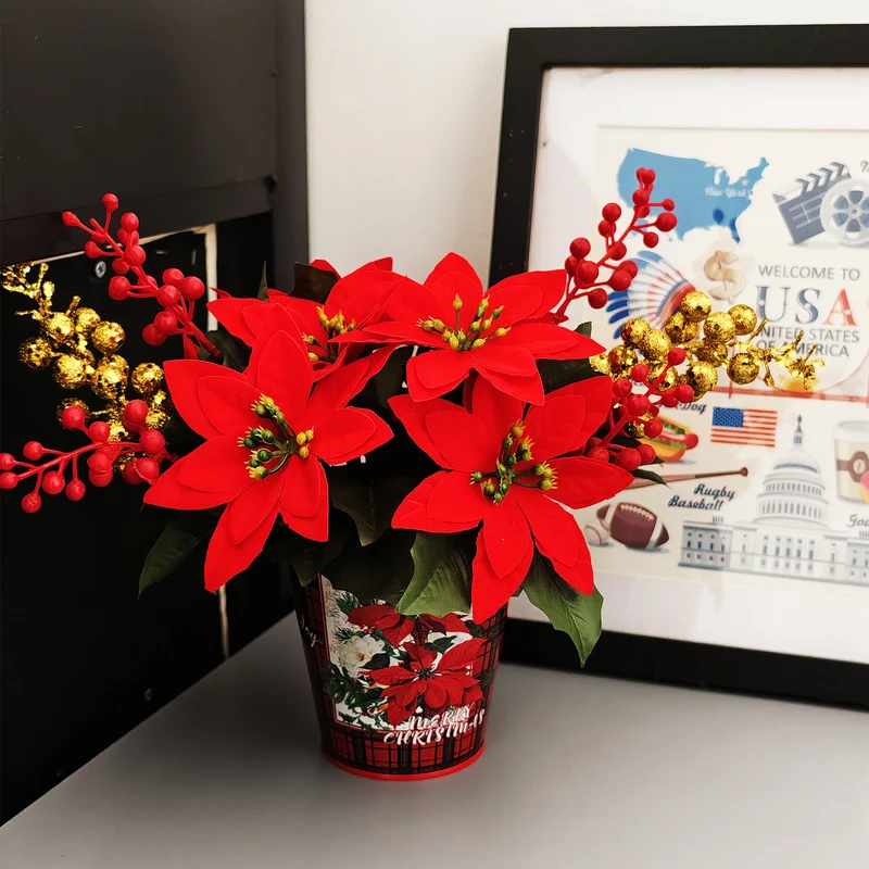 28 cm Weihnachtliches Blumenarrangement mit Weihnachts-Poinsettie und Eisenvase