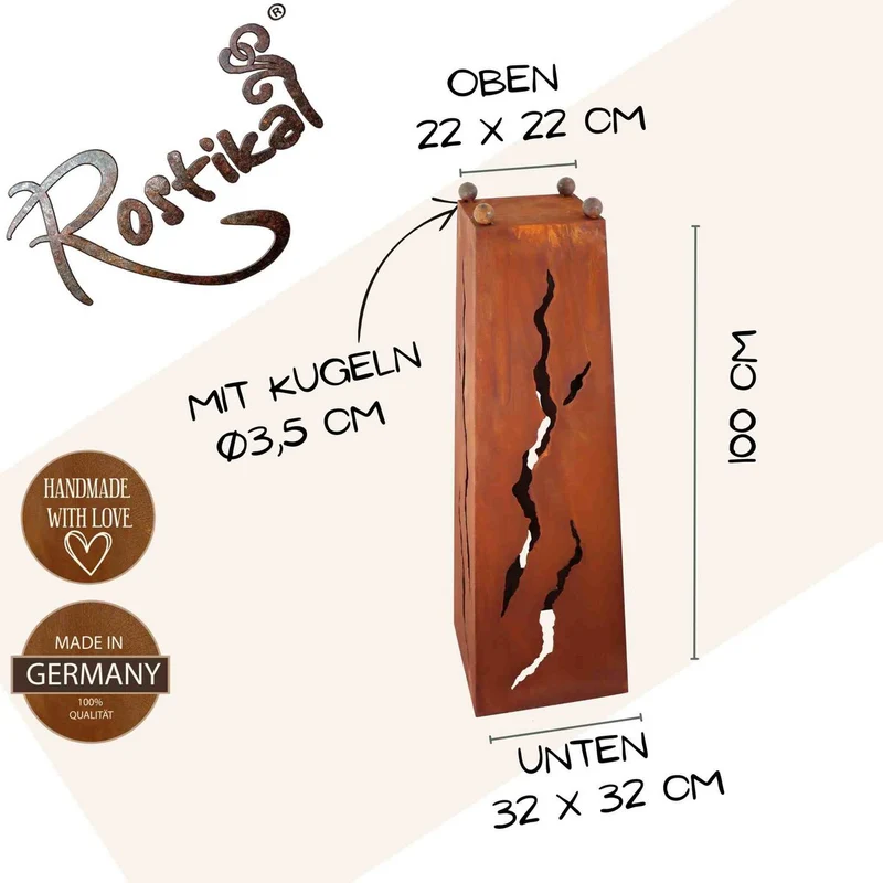 Edelrost Säule 1 m mit Rissen und verschiedenen Schalen | Rostdeko Pflanzsäule