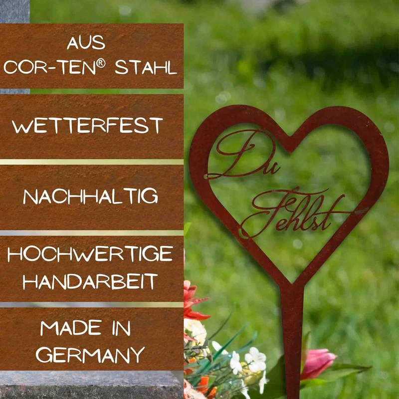 Herz Grabschmuck wetterfest aus Metall – Du fehlst & Unvergessen – Elegante Grabdekoration