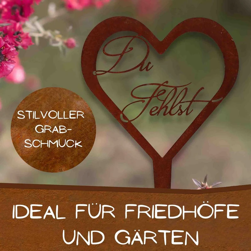 Herz Grabschmuck wetterfest aus Metall – Du fehlst & Unvergessen – Elegante Grabdekoration