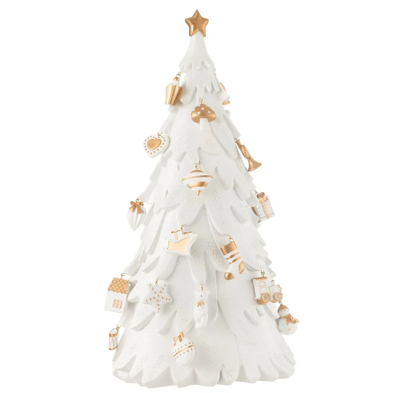 Deko-Weihnachtsbaum-Figur mit Mini-Ornamenten, Kunstharz, Weiß-Gold, groß
