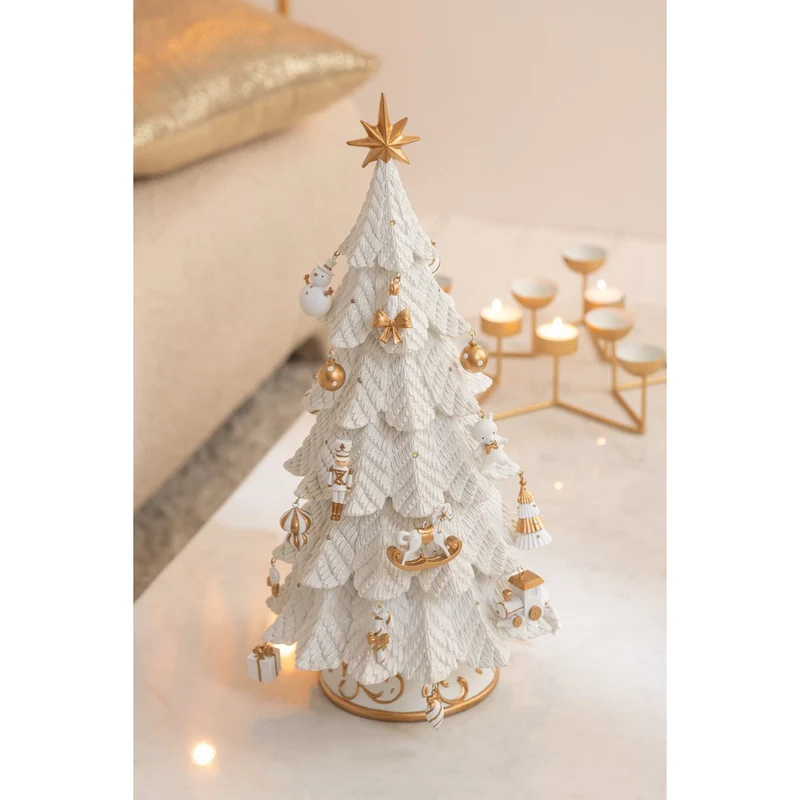 Deko-Weihnachtsbaum-Figur mit Mini-Ornamenten, Kunstharz, Weiß-Gold, groß