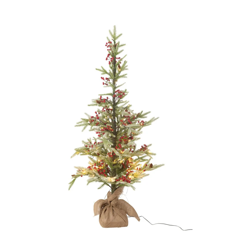 Weihnachtsbaum mit Jutebeutel und LED, Schnee, Grün/Rot, Klein