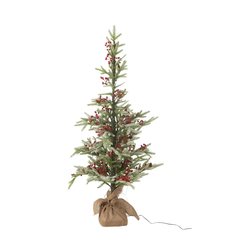 Weihnachtsbaum mit Jutebeutel und LED, Schnee, Grün/Rot, Klein