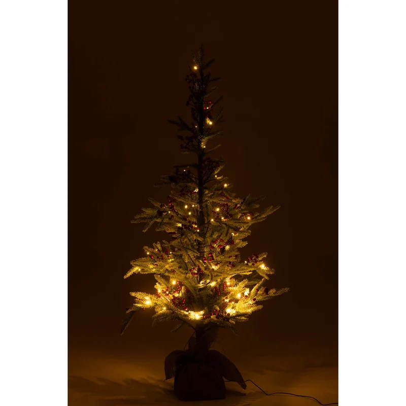 Weihnachtsbaum mit Jutebeutel und LED, Schnee, Grün/Rot, Klein