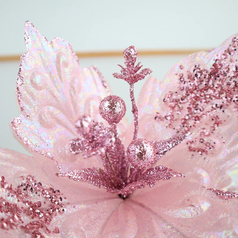 25 cm Künstliche Poinsettie Rosa mit Pailletten Weihnachtsbaumschmuck & Festliche Weihnachtsblumen