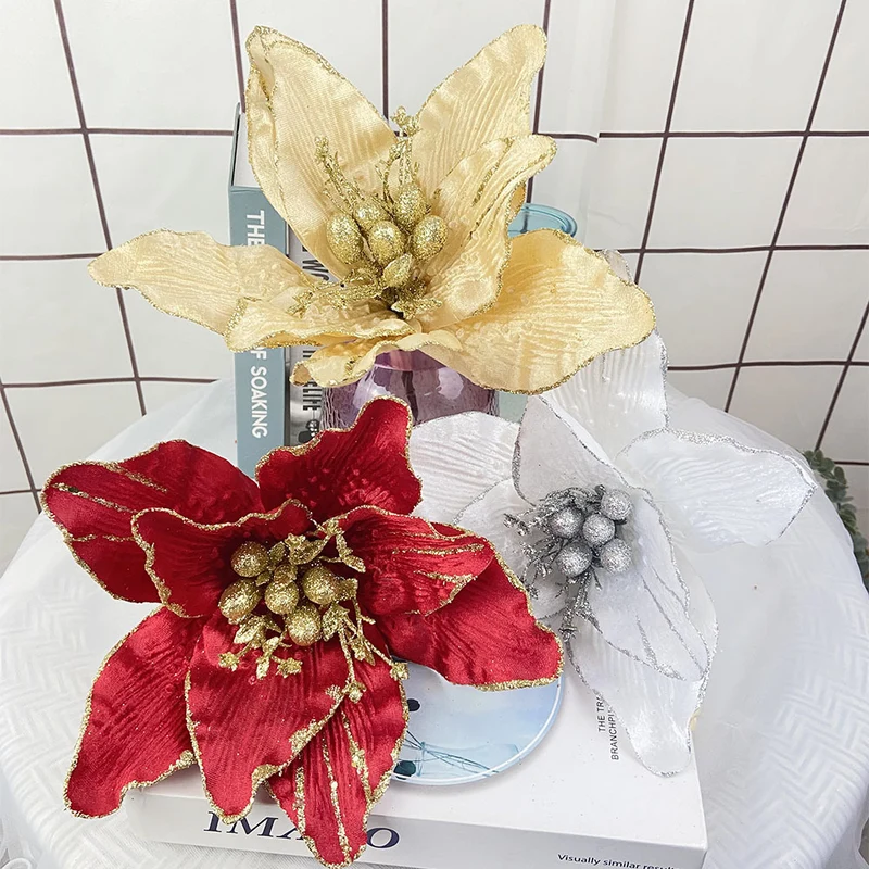 33 cm Große Künstliche Poinsettie Weihnachtsblumen Weihnachtsbaumschmuck für Festliche Dekoration