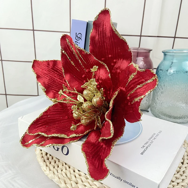 33 cm Große Künstliche Poinsettie Weihnachtsblumen Weihnachtsbaumschmuck für Festliche Dekoration