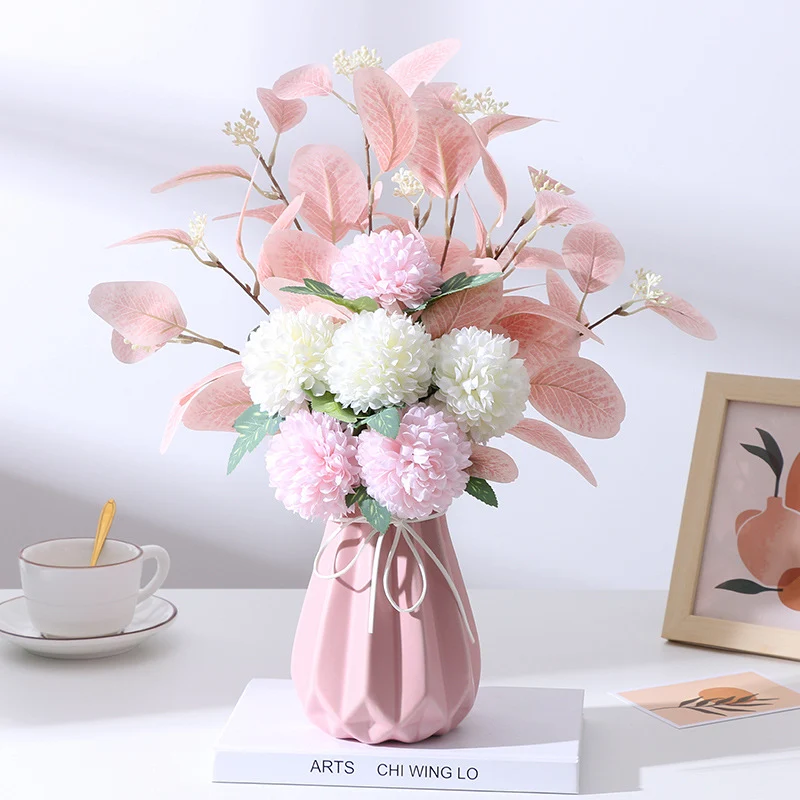 47 cm Künstlicher Blumenstrauß mit Ball Mums Mixed & Eukalyptus – Für Herbst-Winter-Dekoration