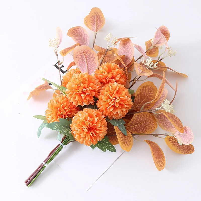47 cm Künstlicher Blumenstrauß mit Ball Mums Mixed & Eukalyptus – Für Herbst-Winter-Dekoration