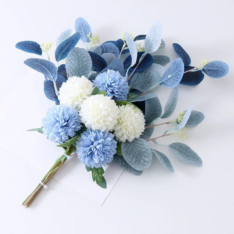 47 cm Künstlicher Blumenstrauß mit Ball Mums Mixed & Eukalyptus – Für Herbst-Winter-Dekoration