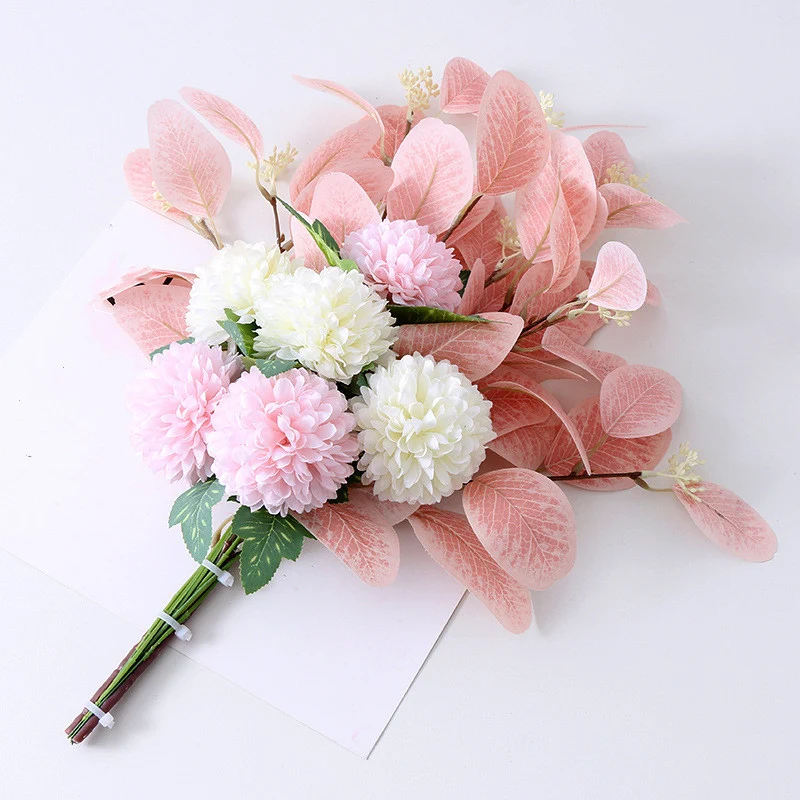 47 cm Künstlicher Blumenstrauß mit Ball Mums Mixed & Eukalyptus – Für Herbst-Winter-Dekoration