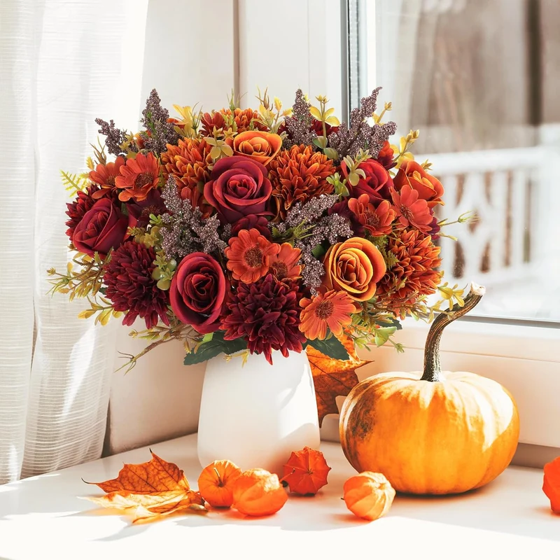 34 cm Künstliche Herbstblumen 2 Bündel Künstlich Herbststrauß Herbstblumen Wie Echt Kunstblumen Herbst Deko Seidenblumen Kunstblumenstrauß für Tischdeko Hochzeit Wohnzimmer Vase Herbst Dekoration