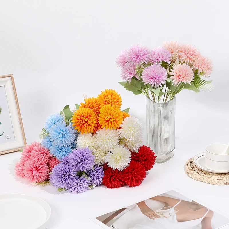 Großhandel 34 cm künstliche Mini-Pompon-Chrysanthemen Busch-Bouquet für schnelle Dekoration