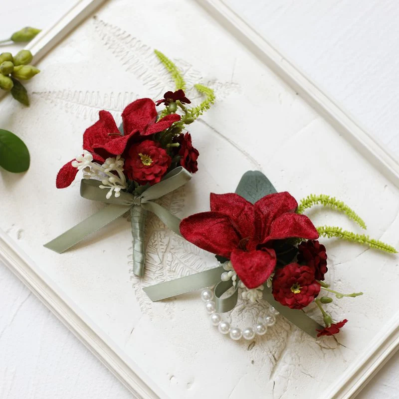 Künstliche Lilien-Wrist-Corsage- und Boutonniere-Set aus retro-Velours für Hochzeitsfeiern