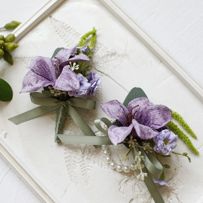 Künstliche Lilien-Wrist-Corsage- und Boutonniere-Set aus retro-Velours für Hochzeitsfeiern