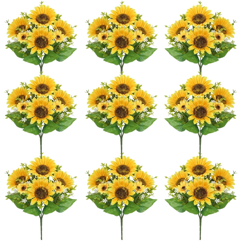 9 Bündel künstliche Sonnenblumen – UV-beständige künstliche Blumen für Zuhause, Vorhalle, Terrasse, Balkon, Garten, Hochzeit, Party und Büro