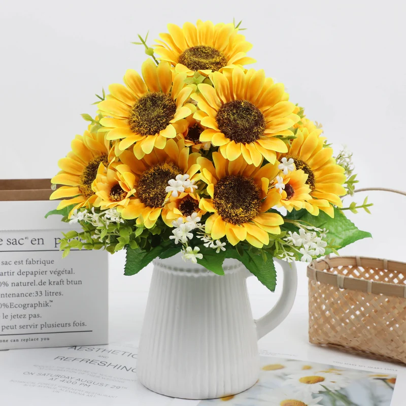 9 Bündel künstliche Sonnenblumen – UV-beständige künstliche Blumen für Zuhause, Vorhalle, Terrasse, Balkon, Garten, Hochzeit, Party und Büro