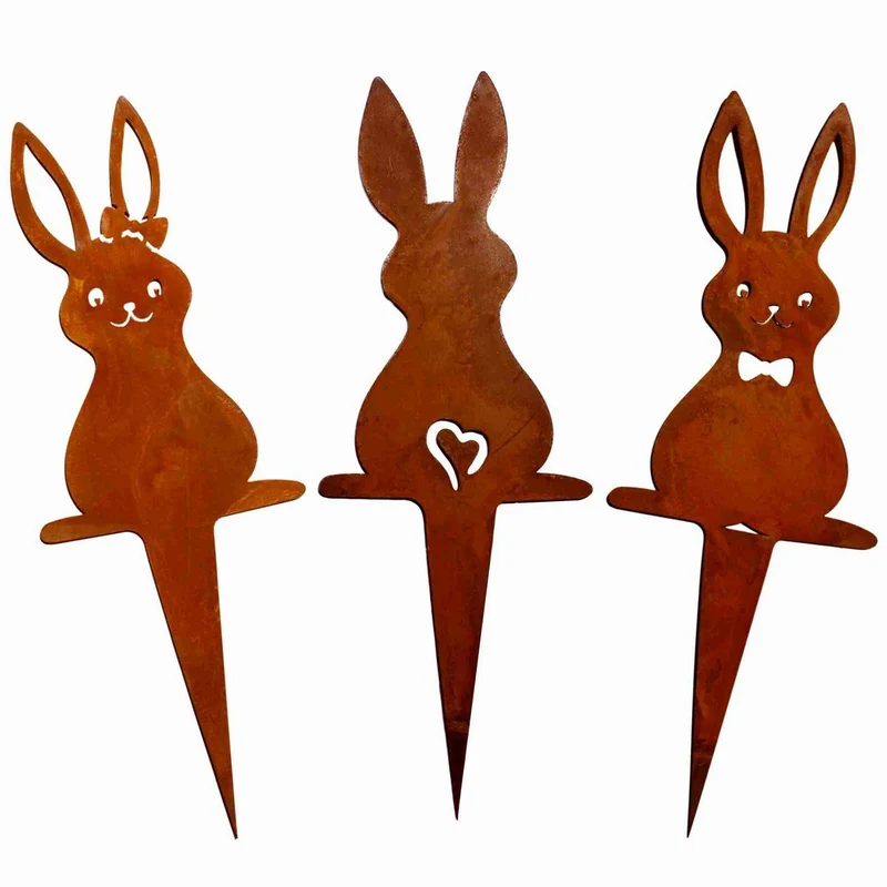Osterdeko Gartenstecker „Hasenfamilie“ – Hasenfrau, Hasenmann und Hasenkind aus Edelrost