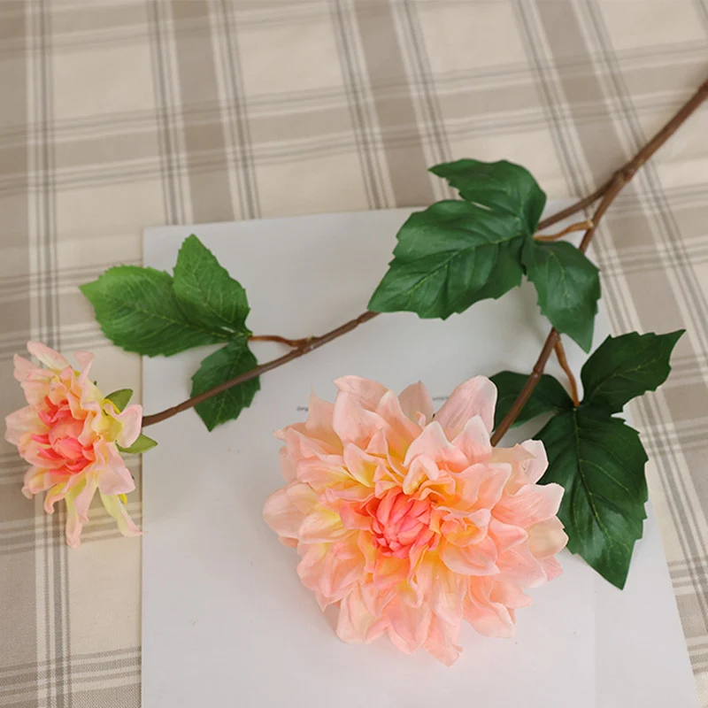 62 cm Künstliche einzelne Zweig-Dahlien mit zwei Blütenköpfen und feuchtem Griff