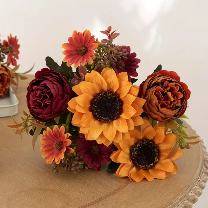 31 cm künstlicher Herbstton-Sonnenblumenstrauß mit Pfingstrosen und Margeriten