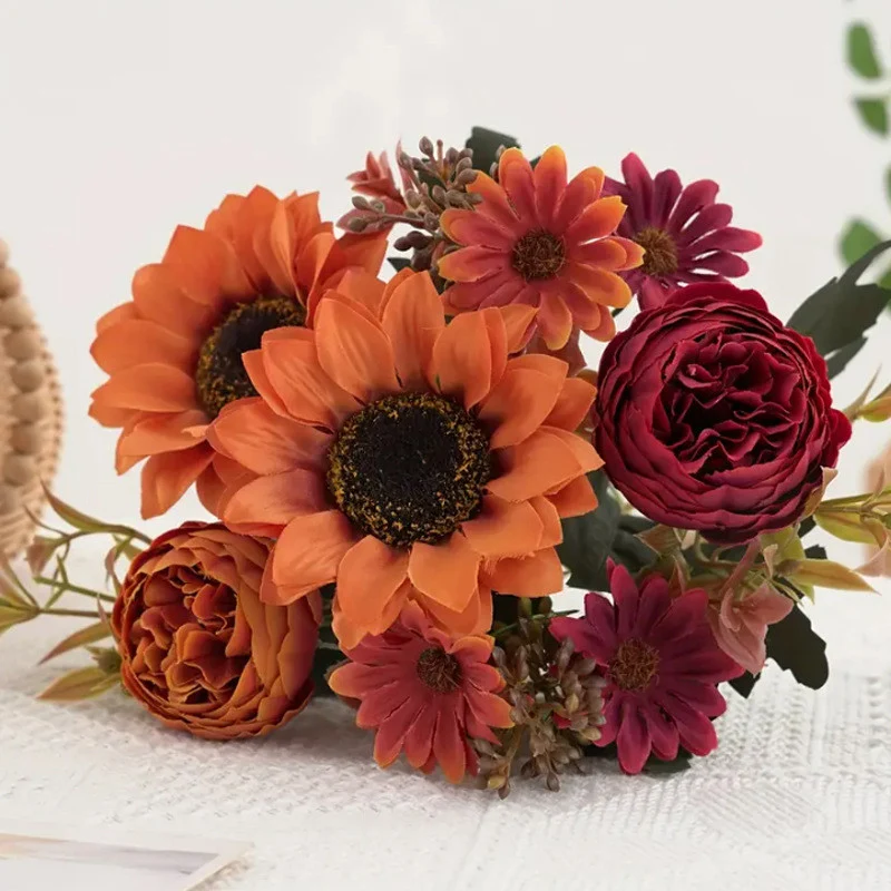 31 cm künstlicher Herbstton-Sonnenblumenstrauß mit Pfingstrosen und Margeriten