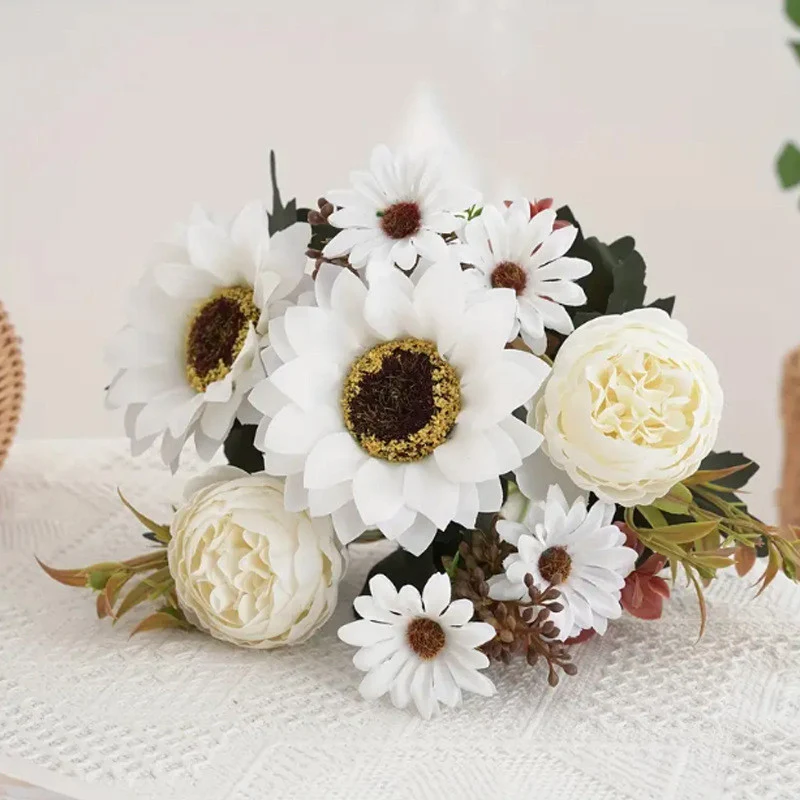 31 cm künstlicher Herbstton-Sonnenblumenstrauß mit Pfingstrosen und Margeriten