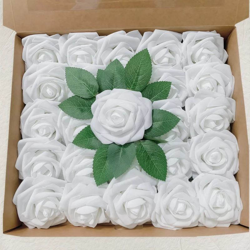 Blumenkasten-Schaum-PE-Rosen (25 Stück pro Packung) mit Stängel und Sockel - Simulationsblumen Ideal für DIY-Blumenarrangements, Hochzeitsdekoration und Partydekoration