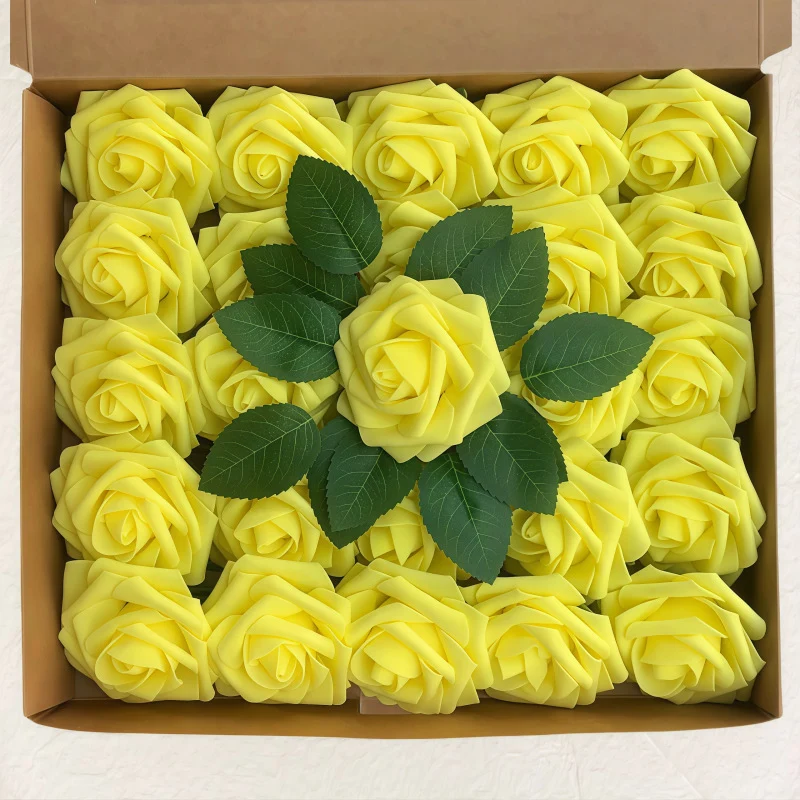 Blumenkasten-Schaum-PE-Rosen (25 Stück pro Packung) mit Stängel und Sockel - Simulationsblumen Ideal für DIY-Blumenarrangements, Hochzeitsdekoration und Partydekoration