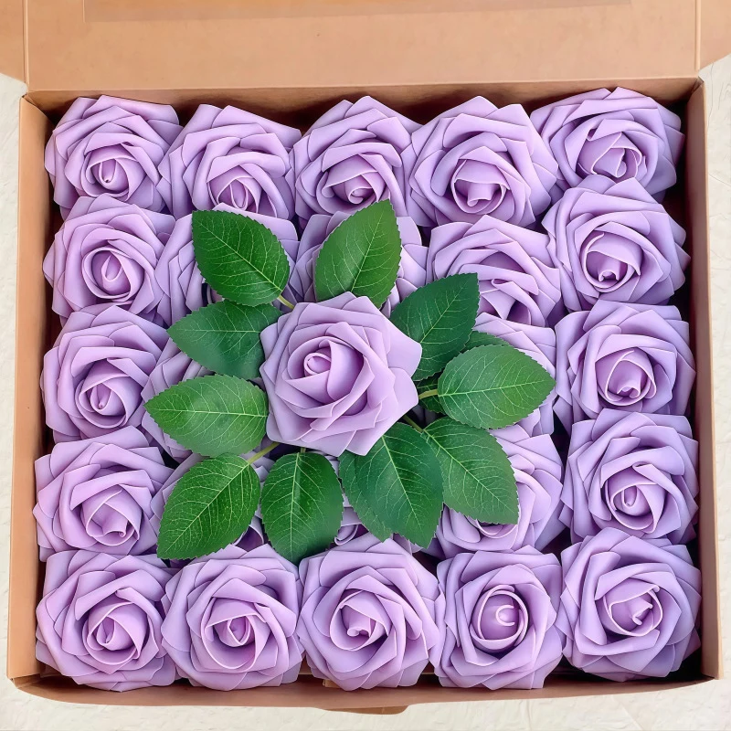 Blumenkasten-Schaum-PE-Rosen (25 Stück pro Packung) mit Stängel und Sockel - Simulationsblumen Ideal für DIY-Blumenarrangements, Hochzeitsdekoration und Partydekoration