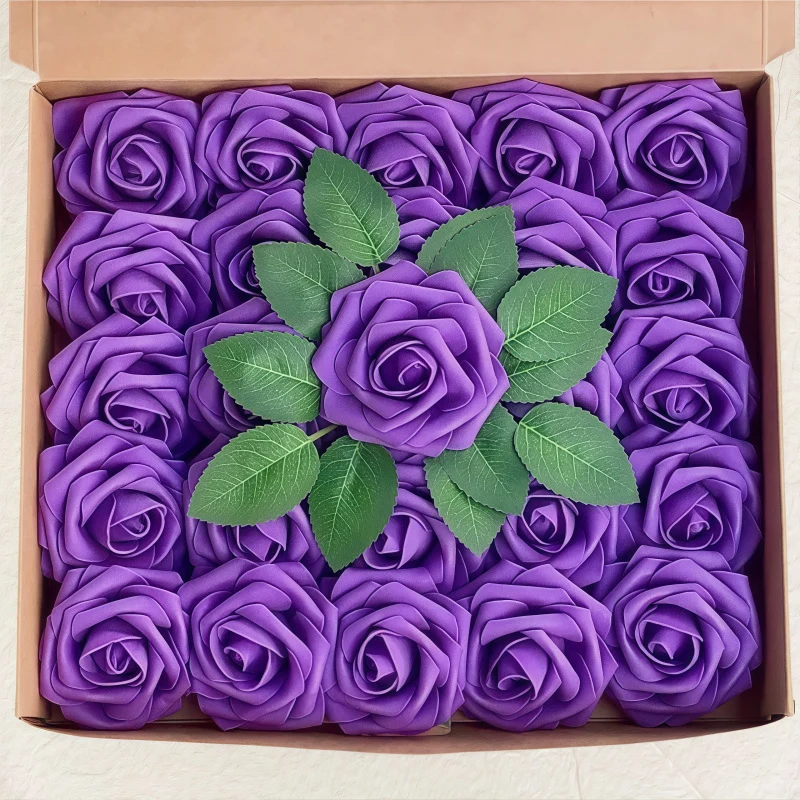 Blumenkasten-Schaum-PE-Rosen (25 Stück pro Packung) mit Stängel und Sockel - Simulationsblumen Ideal für DIY-Blumenarrangements, Hochzeitsdekoration und Partydekoration