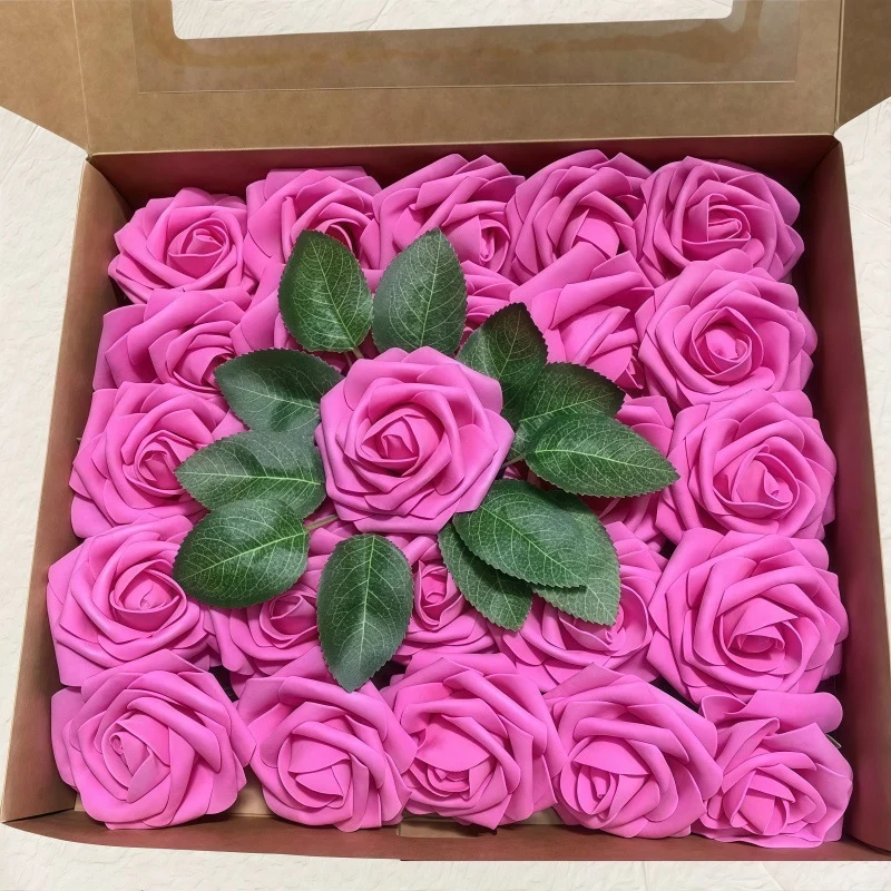 Blumenkasten-Schaum-PE-Rosen (25 Stück pro Packung) mit Stängel und Sockel - Simulationsblumen Ideal für DIY-Blumenarrangements, Hochzeitsdekoration und Partydekoration