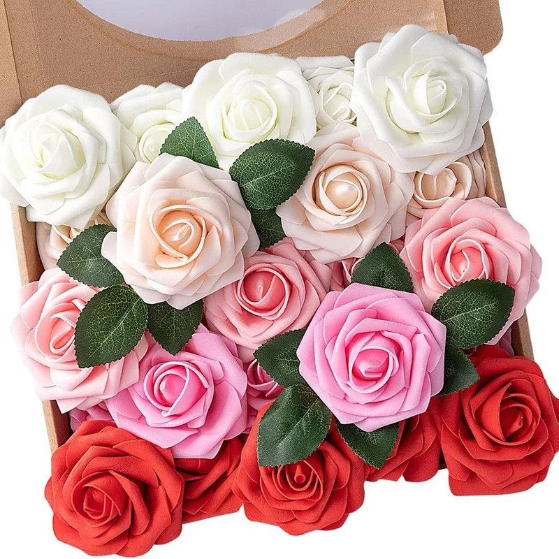 Blumenkasten-Schaum-PE-Rosen (25 Stück pro Packung) mit Stängel und Sockel - Simulationsblumen Ideal für DIY-Blumenarrangements, Hochzeitsdekoration und Partydekoration