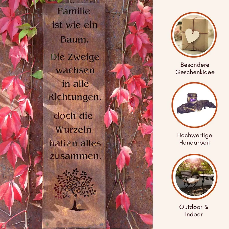 Edelrost-Gartenschild „Familie“ – Handgefertigte Spruchtafel aus Metall
