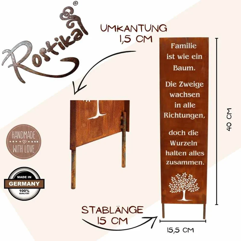Edelrost-Gartenschild „Familie“ – Handgefertigte Spruchtafel aus Metall