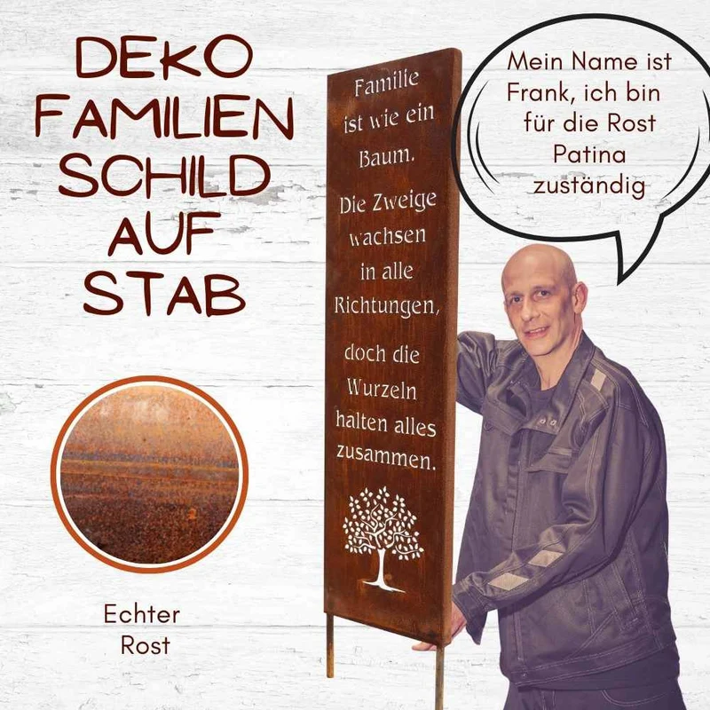 Edelrost-Gartenschild „Familie“ – Handgefertigte Spruchtafel aus Metall